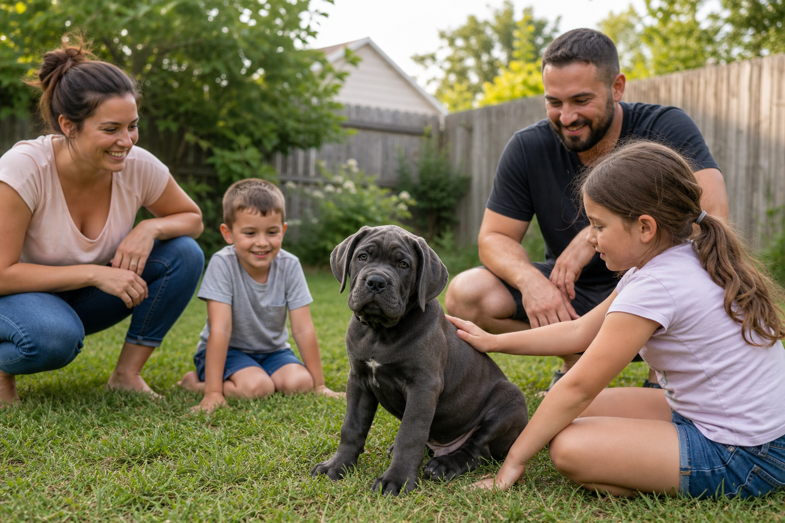 Cane Corso puppy calmly interacting with a supervised family outdoors