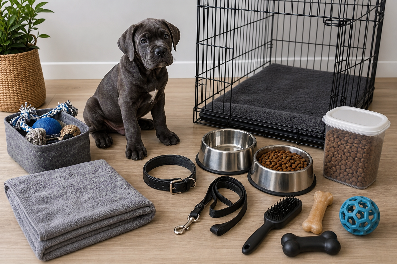 Cane Corso puppy beside essential new puppy supplies