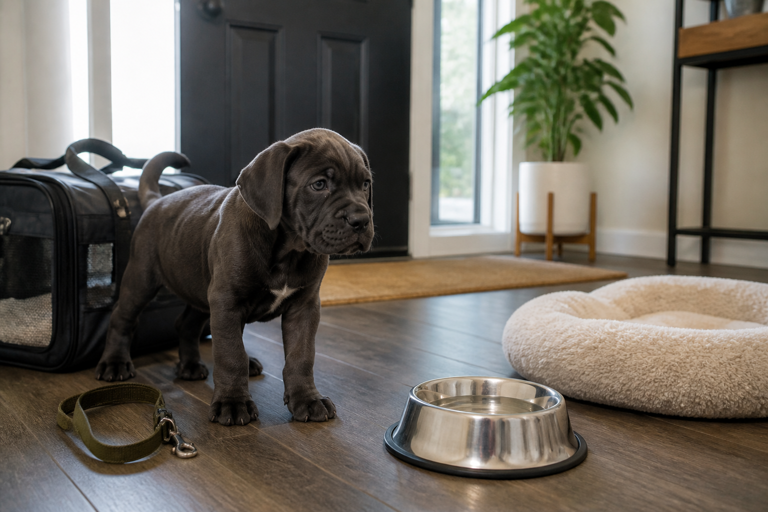 Cane Corso puppy arriving home with bed and bowls ready