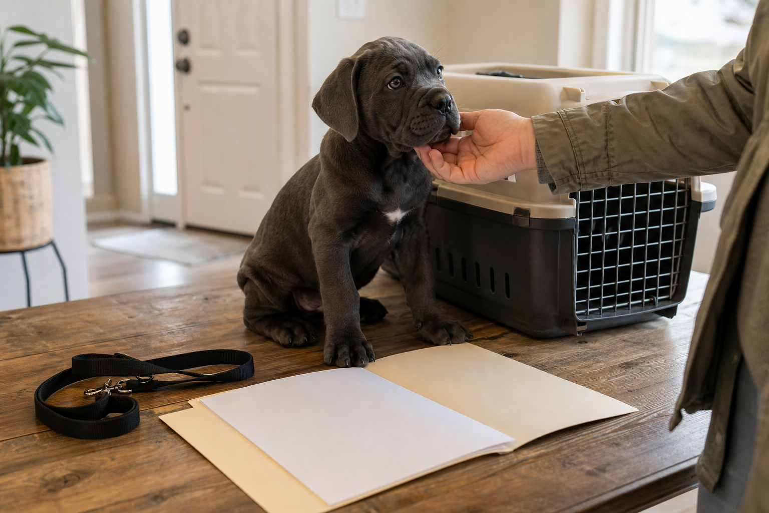 Cane Corso puppy ready for adoption pickup with folder and carrier