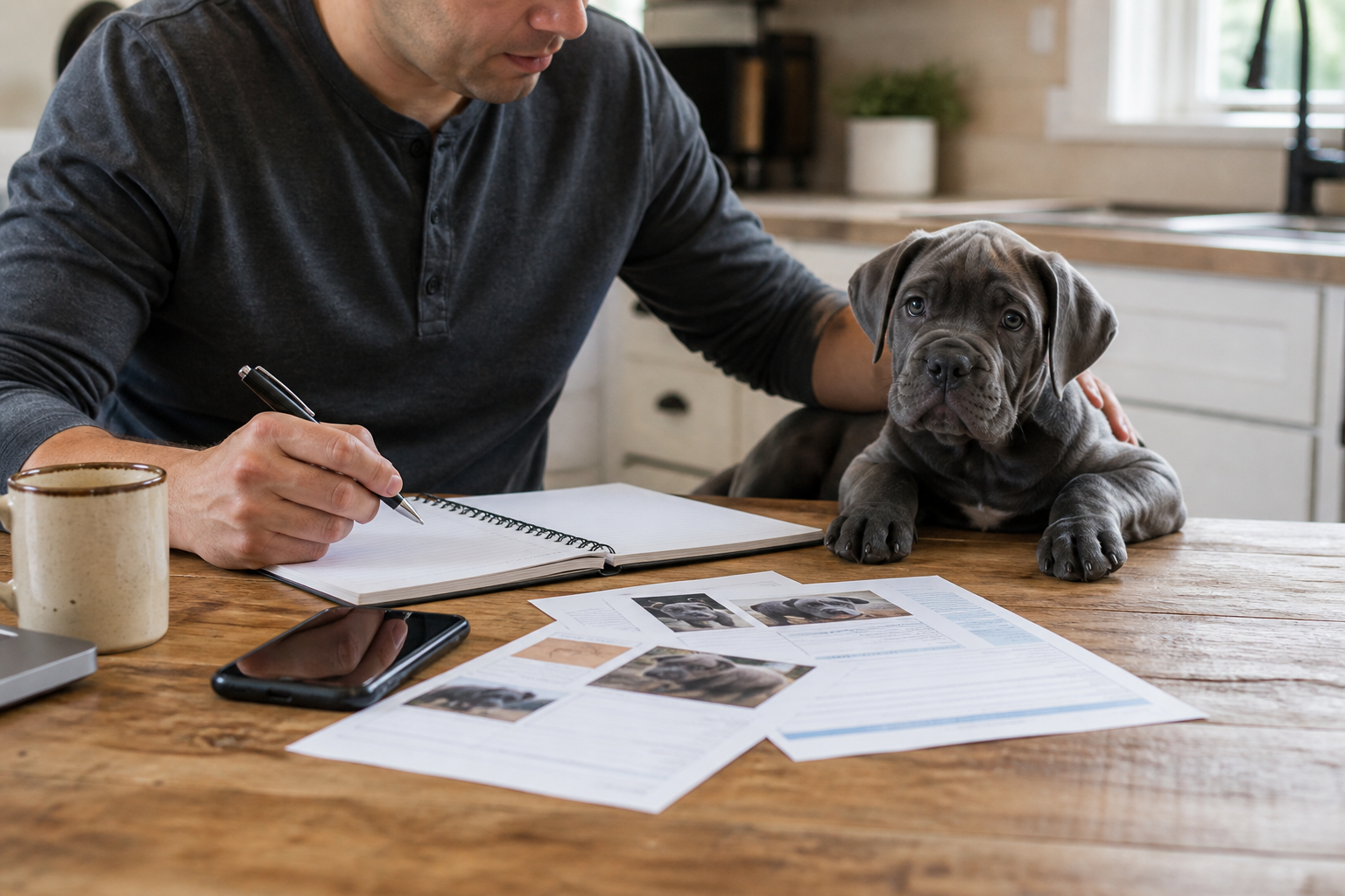 Cane Corso puppy beside adoption planning notes