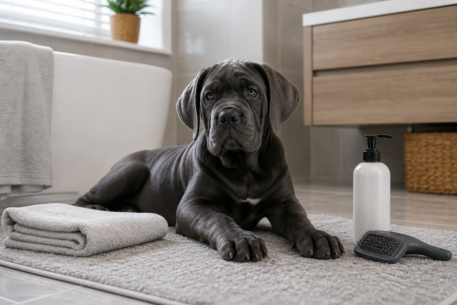 Cane Corso puppy with towel and coat care tools