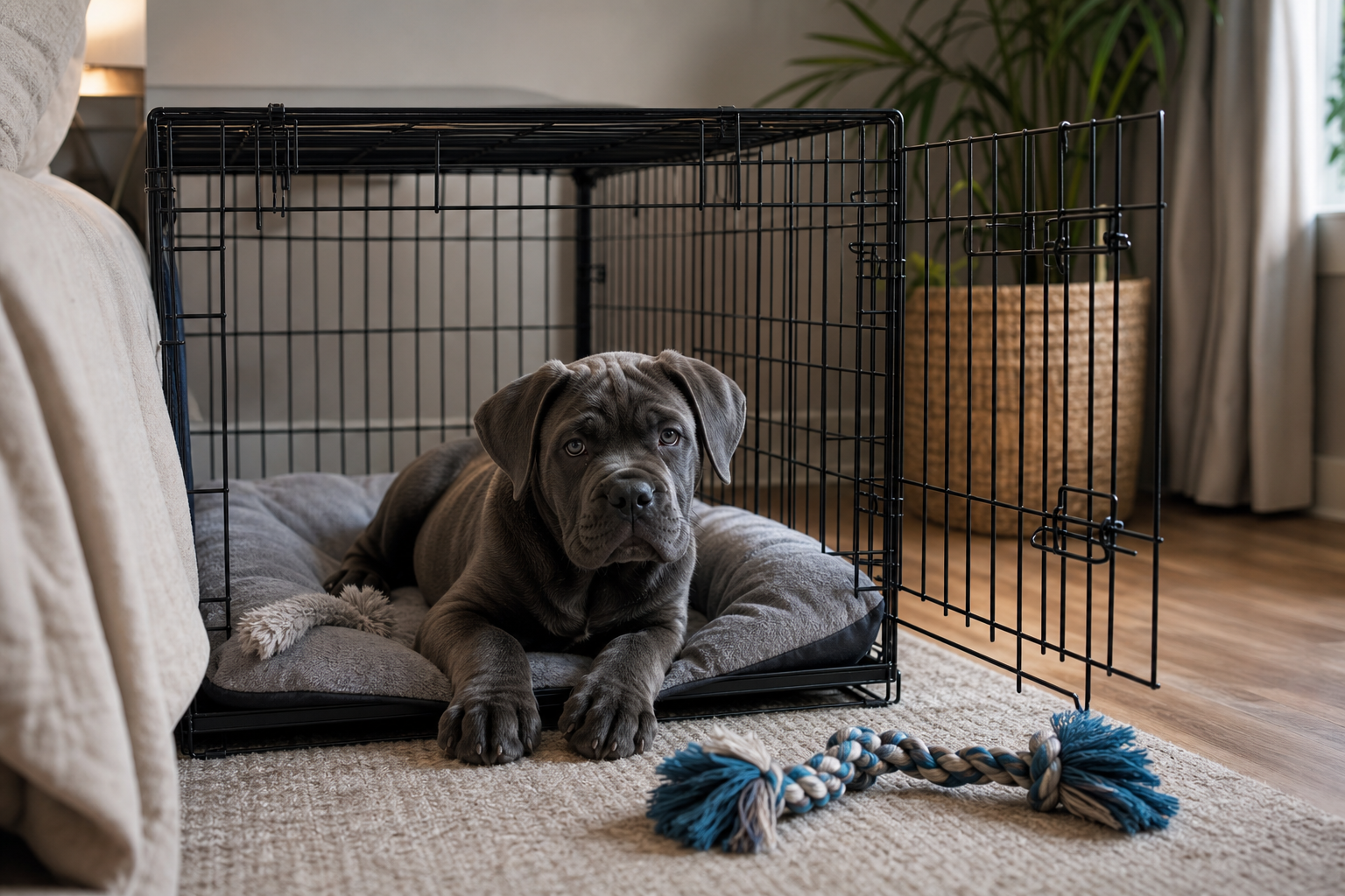 Cane Corso puppy resting calmly in an open crate