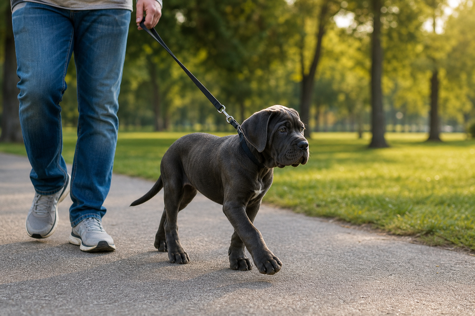 Cane Corso puppy taking a gentle age-appropriate walk