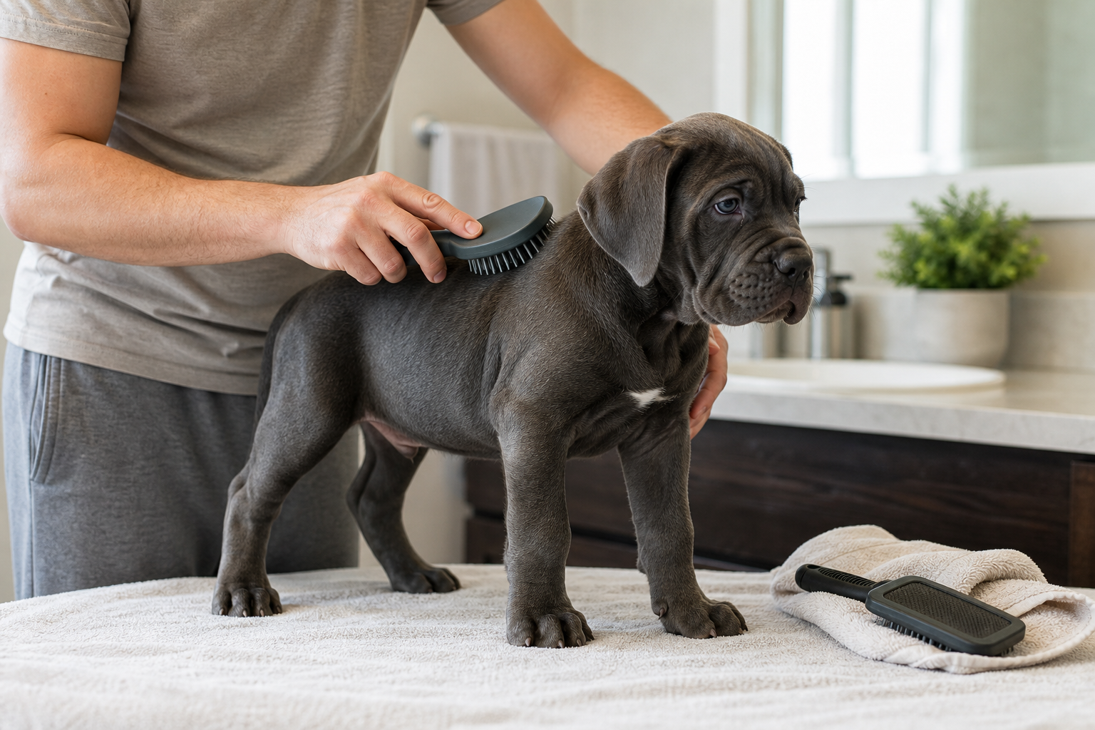 Cane Corso puppy being gently brushed at home
