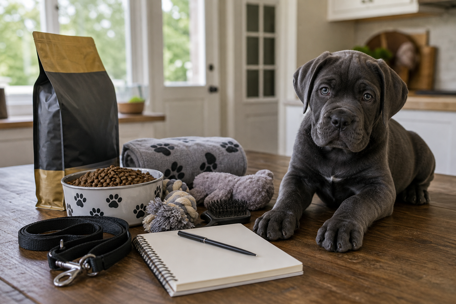 Cane Corso puppy beside adoption checklist supplies in a home