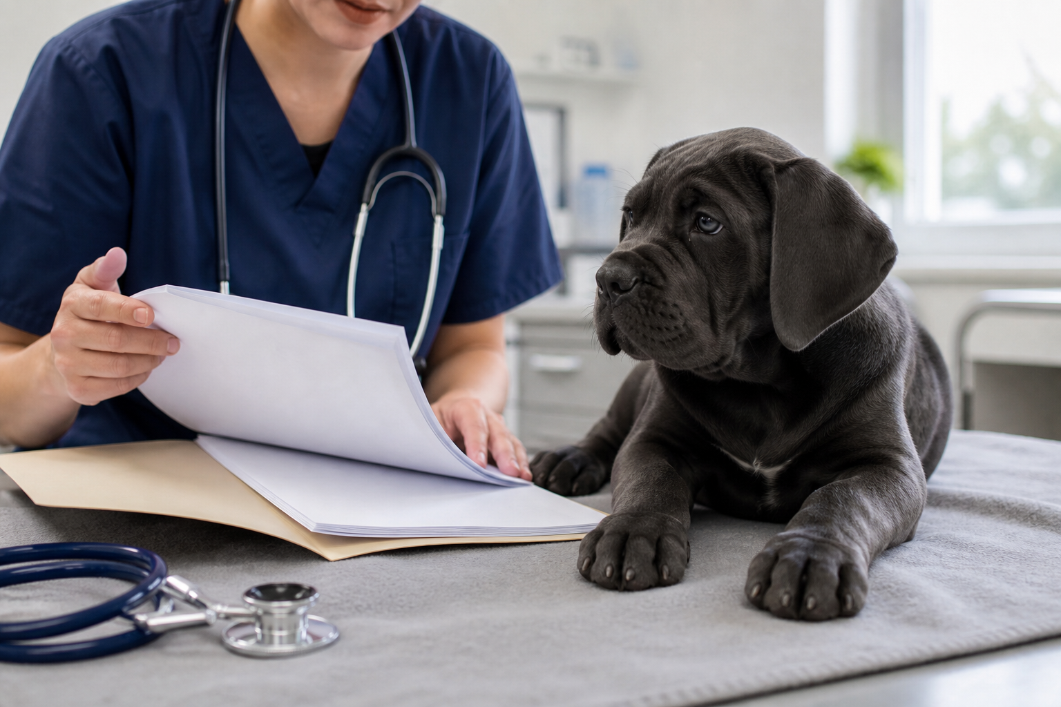 Cane Corso puppy beside veterinary health records