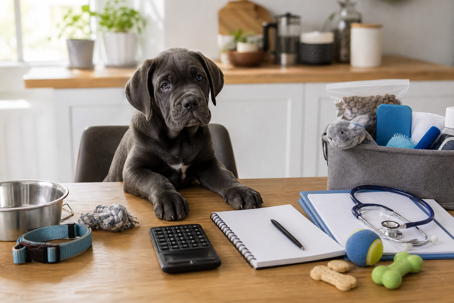 Cane Corso puppy beside responsible puppy budget supplies