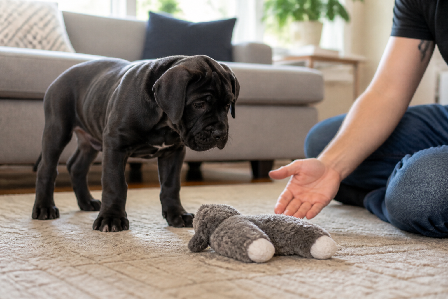 Curious Cane Corso puppy showing calm temperament indoors
