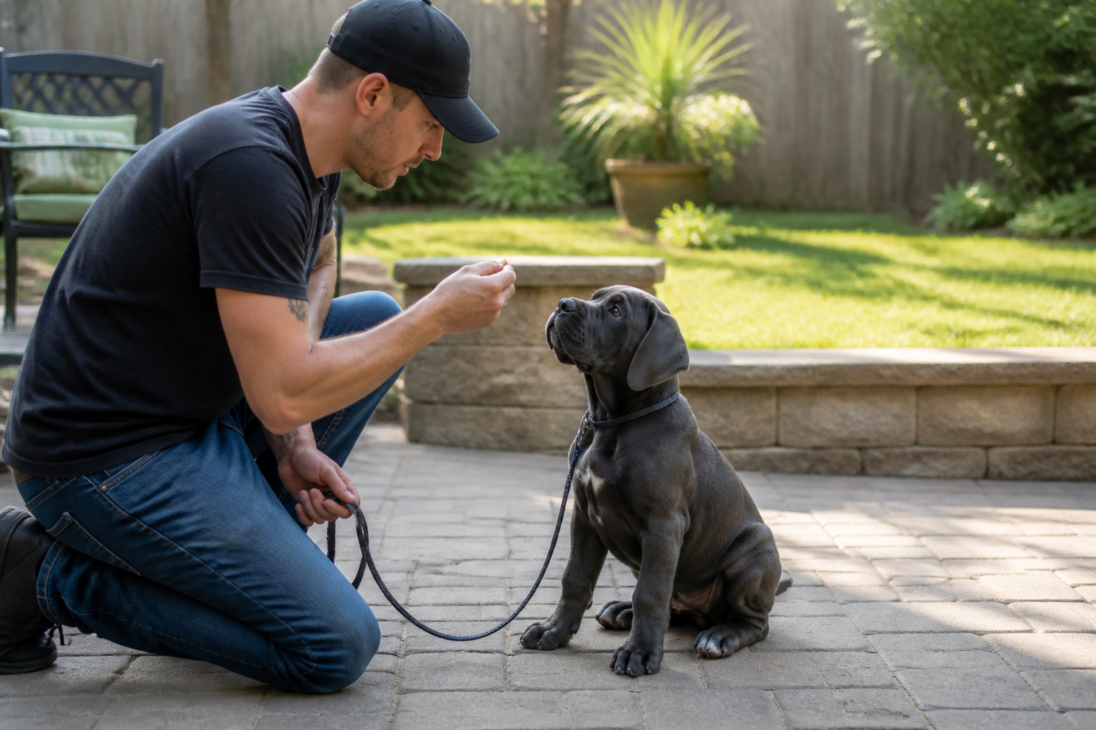 Cane Corso puppy learning basic training with a loose leash