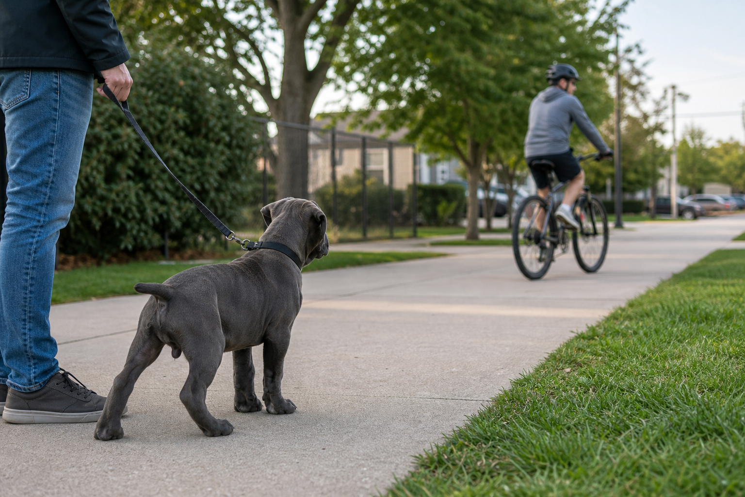 Cane Corso puppy calmly watching a bicycle during socialization