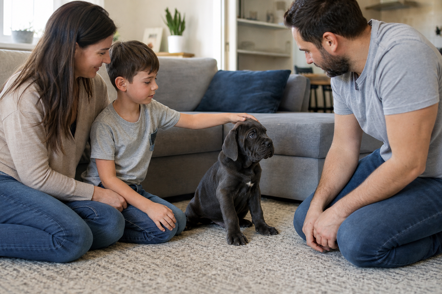 Family choosing a healthy Cane Corso puppy in a calm living room