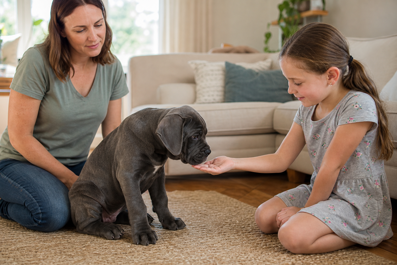 Child gently greeting a Cane Corso puppy with adult supervision