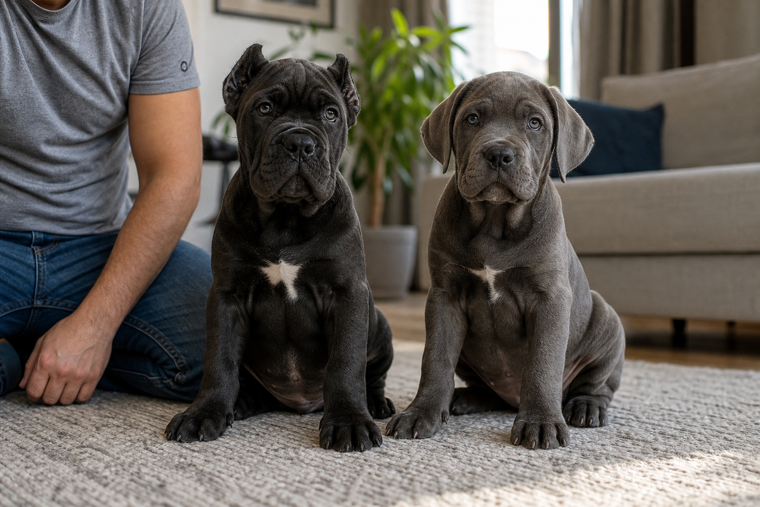 Two Cane Corso puppies sitting calmly for comparison