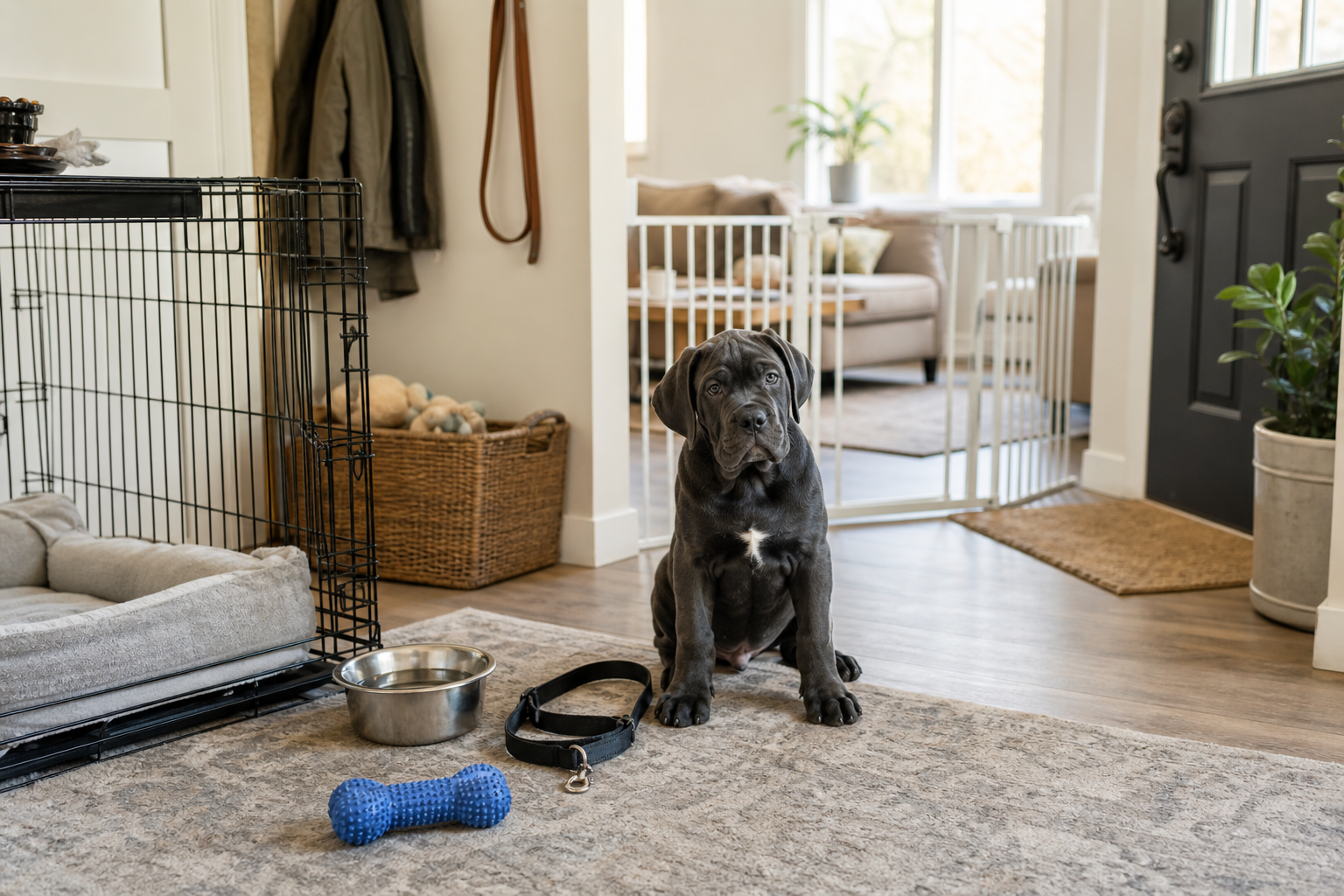 Prepared home entryway with Cane Corso puppy supplies and crate