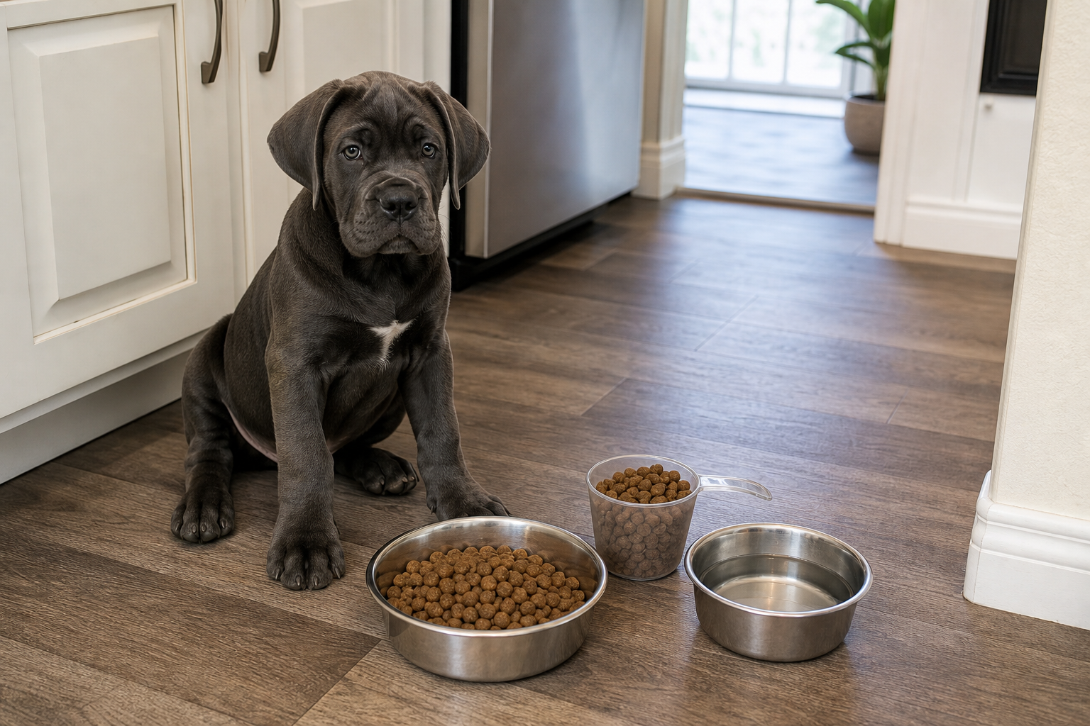 Cane Corso puppy beside kibble and clean feeding bowls